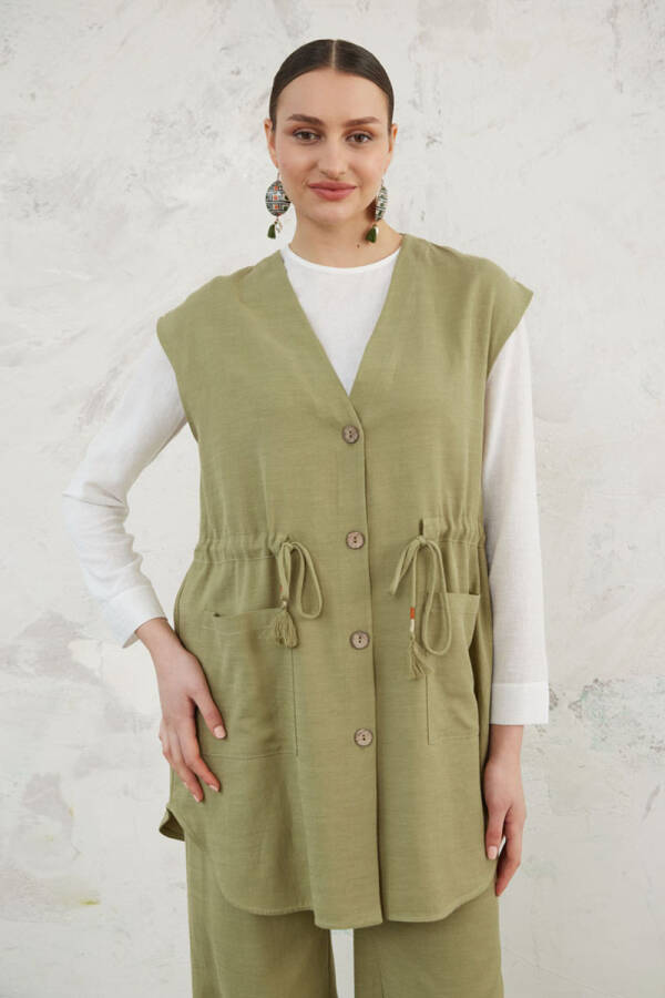 Haki Belden Bağcıklı Keten Yelek - 5