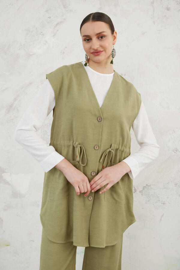 Haki Belden Bağcıklı Keten Yelek - 6