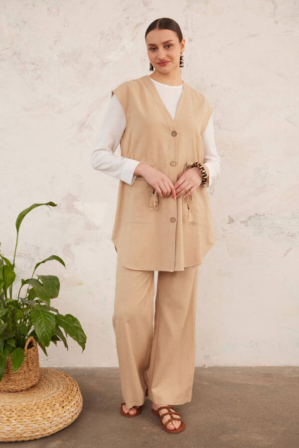 Bej Belden Bağcıklı Keten Yelek - 2