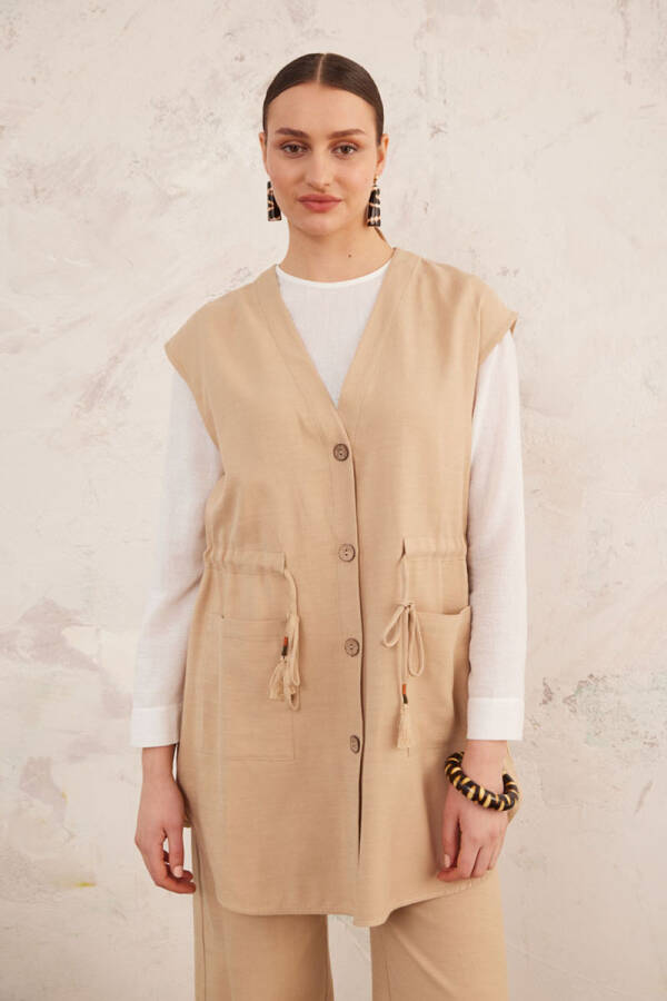 Bej Belden Bağcıklı Keten Yelek - 3