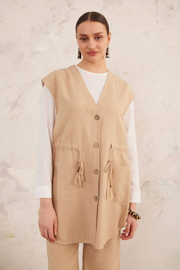 Bej Belden Bağcıklı Keten Yelek - 4