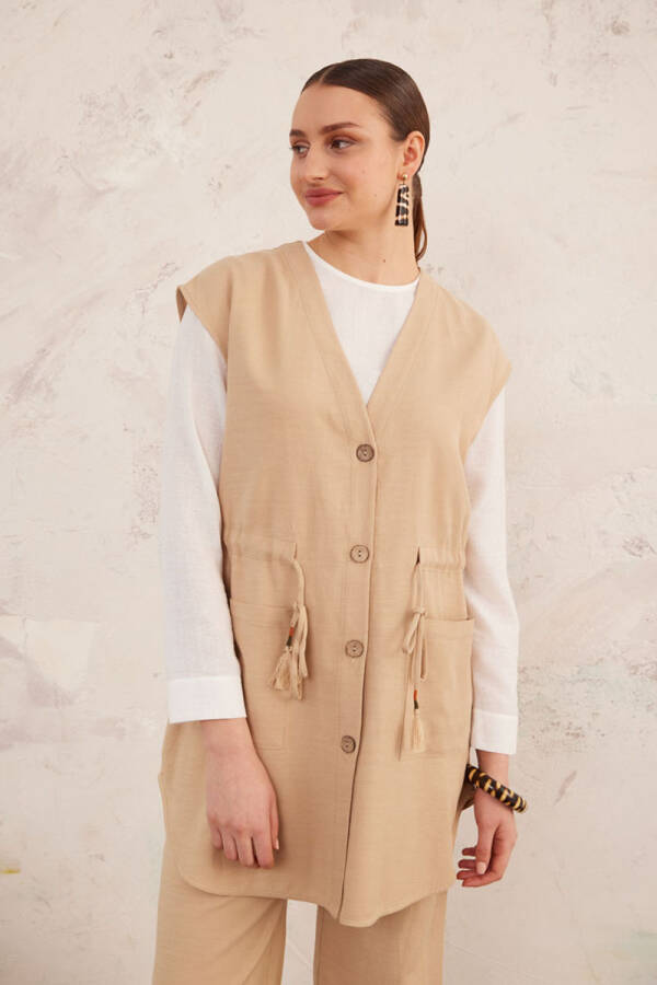Bej Belden Bağcıklı Keten Yelek - 5