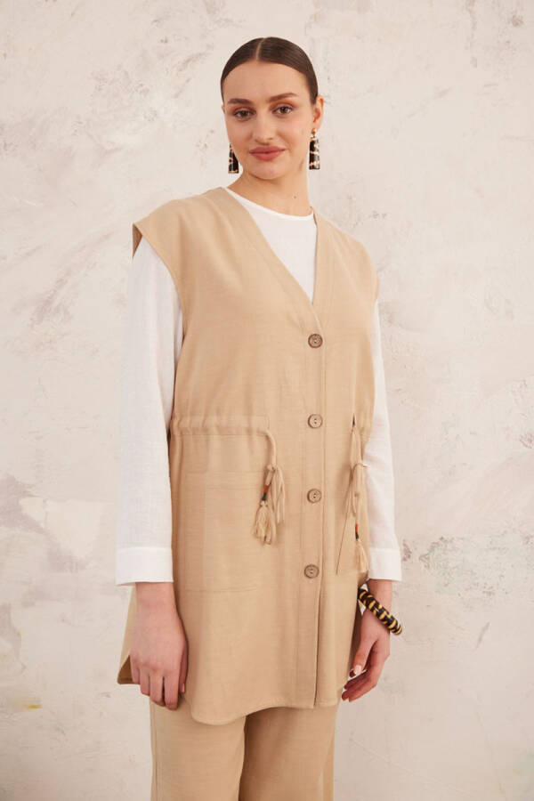 Bej Belden Bağcıklı Keten Yelek - 6