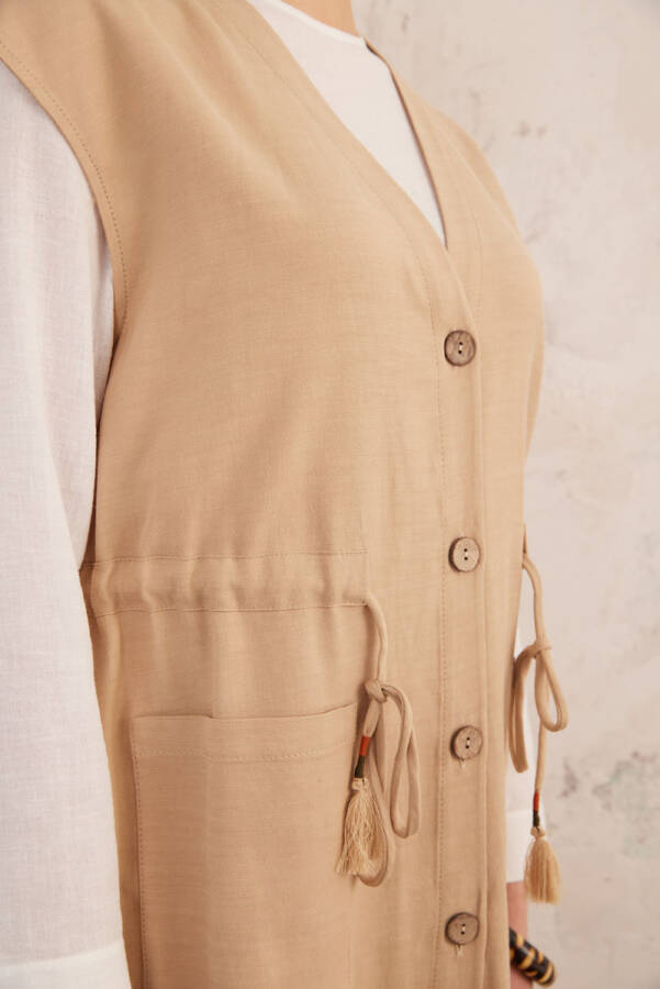 Bej Belden Bağcıklı Keten Yelek - 7