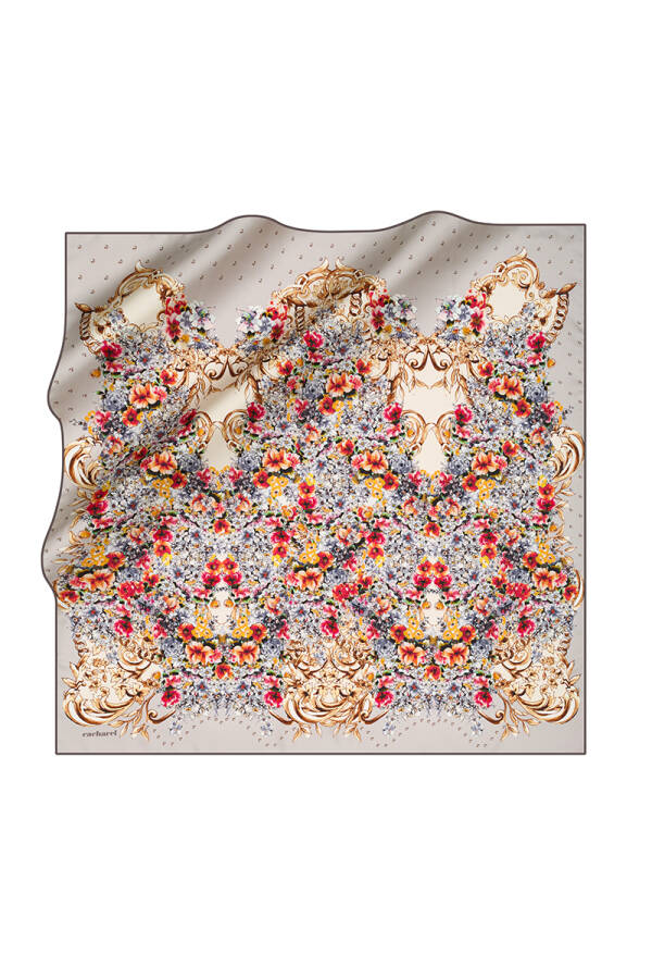 Çiçek Desenli 90X90 İpek Twill Eşarp - 1