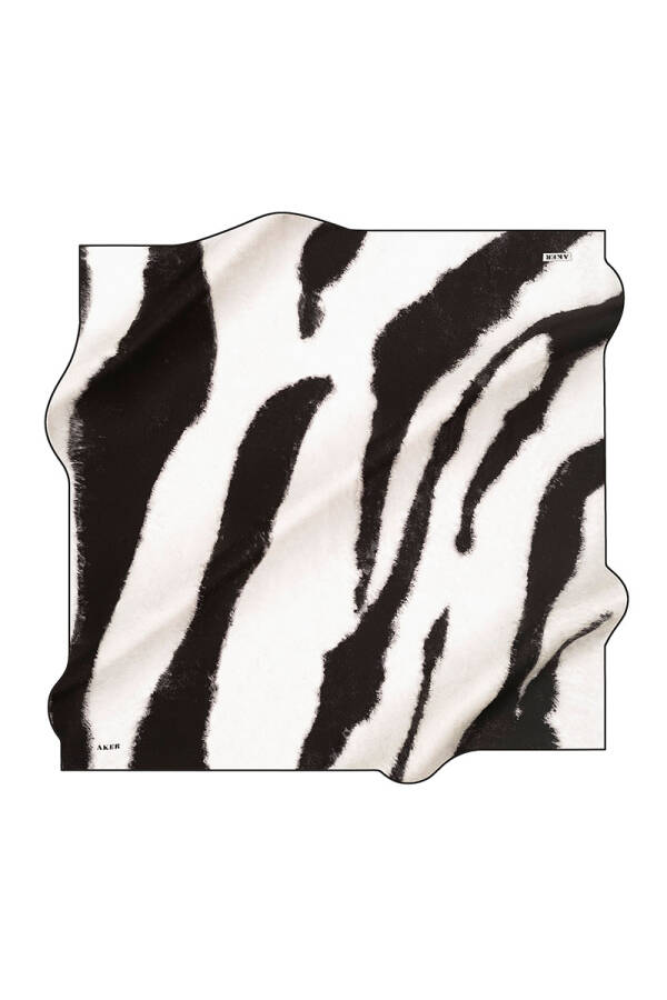 Siyah Beyaz İpek Krep Saten Kare Zebra Desenli Eşarp - 1