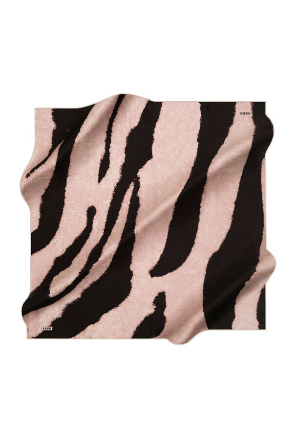 Pudra Siyah İpek Kare Zebra Desenli Eşarp - 1