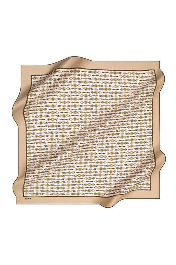 Bej İpek Kare Geometrik Desenli Eşarp - 1