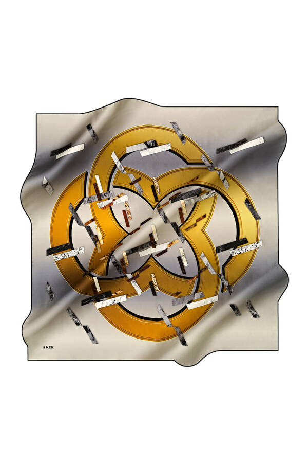 Bej İpek Kare Logo Desenli Eşarp - 1