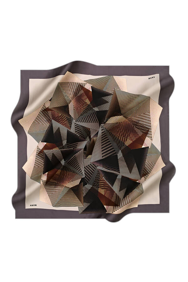 Bej İpek Kare Geometrik Desenli Eşarp - 1