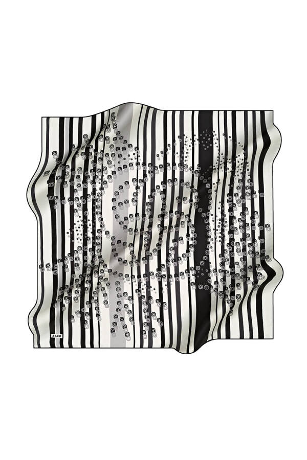 Siyah Beyaz İpek Kare Çizgili Logo Desenli Eşarp - 1