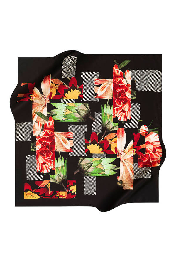Çiçek Desenli 90X90 Pierre Cardin Krep Saten Eşarp - 1