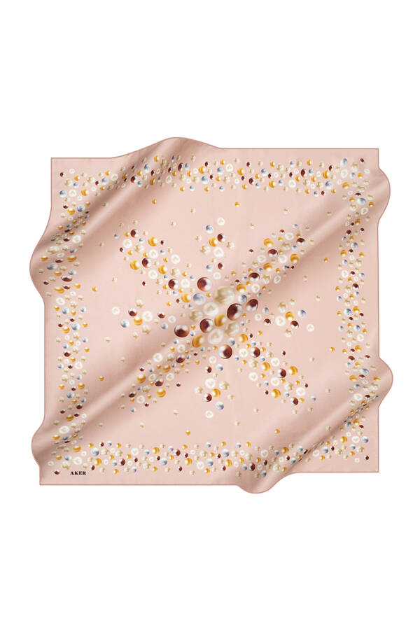 Pudra İpek Kare Geometrik Desenli Eşarp - 1