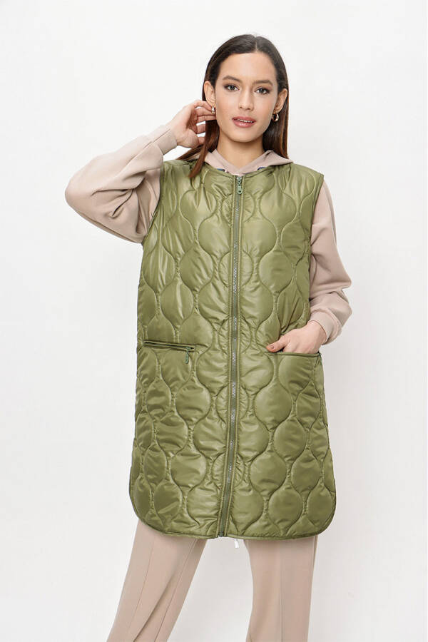 Haki Kapitone Fermuarlı Yelek - 1