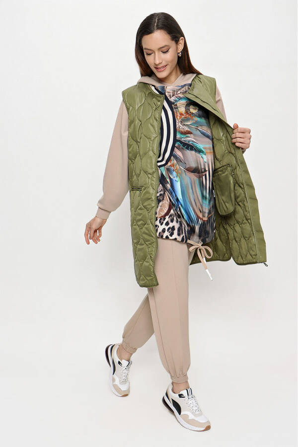 Haki Kapitone Fermuarlı Yelek - 5