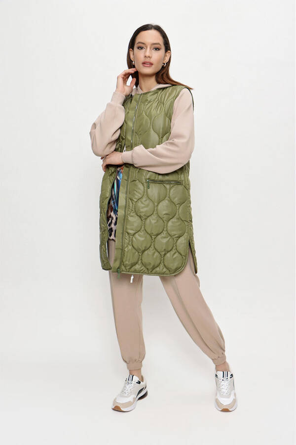 Haki Kapitone Fermuarlı Yelek - 6