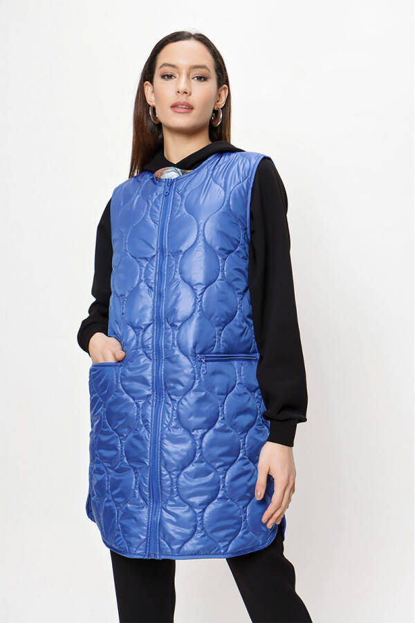 Saks Kapitone Fermuarlı Yelek - 5