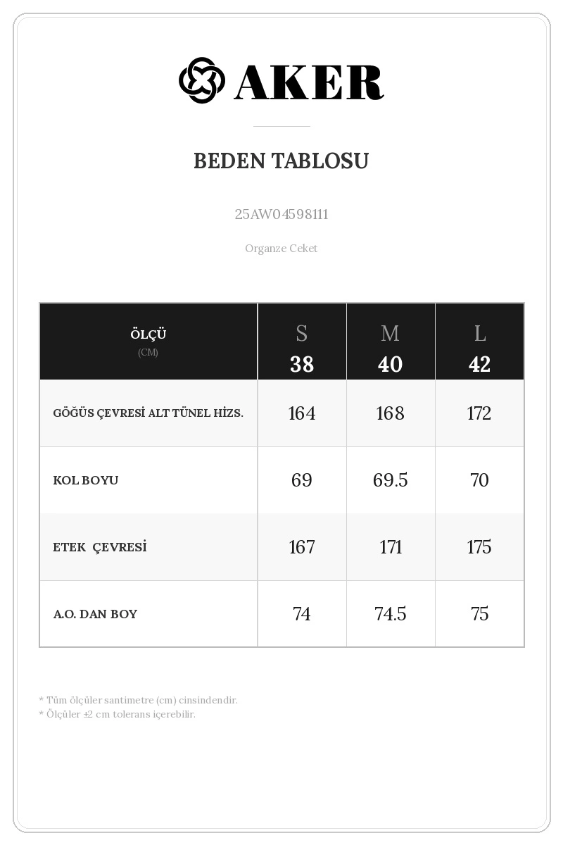 25AW04598111 Beden Tablosu