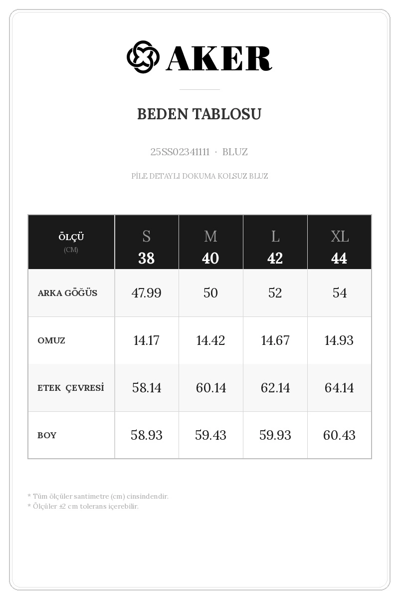 25SS02341111 Beden Tablosu