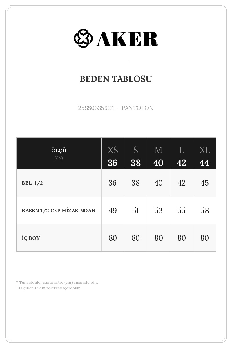 25SS03359111 Beden Tablosu