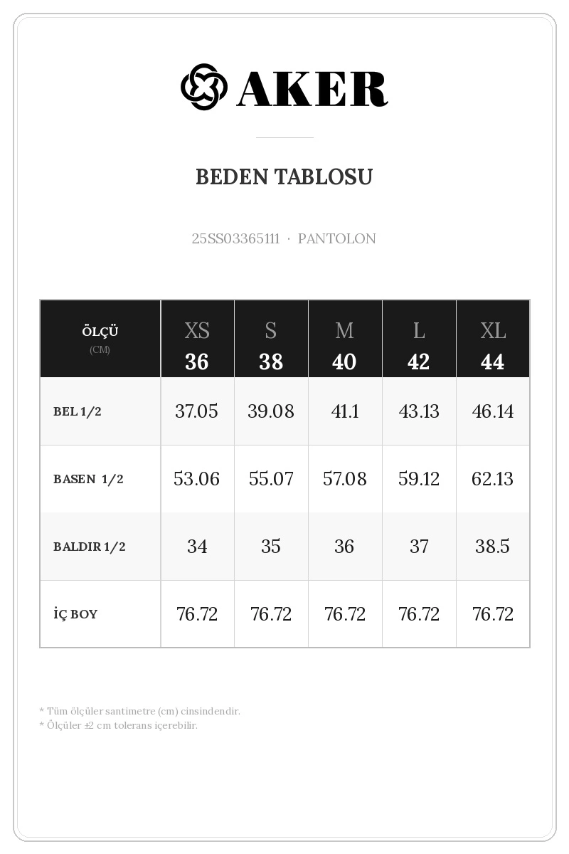 25SS03365111 Beden Tablosu