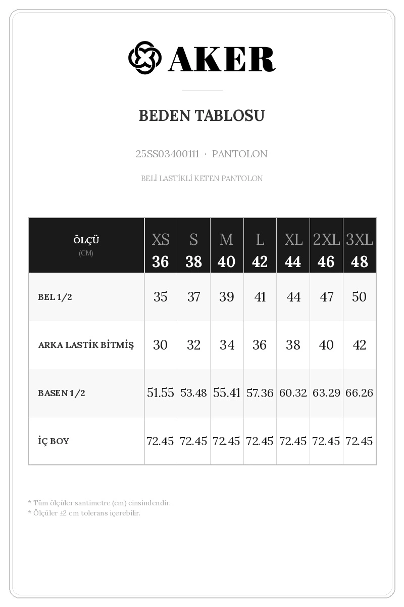 25SS03400111 Beden Tablosu