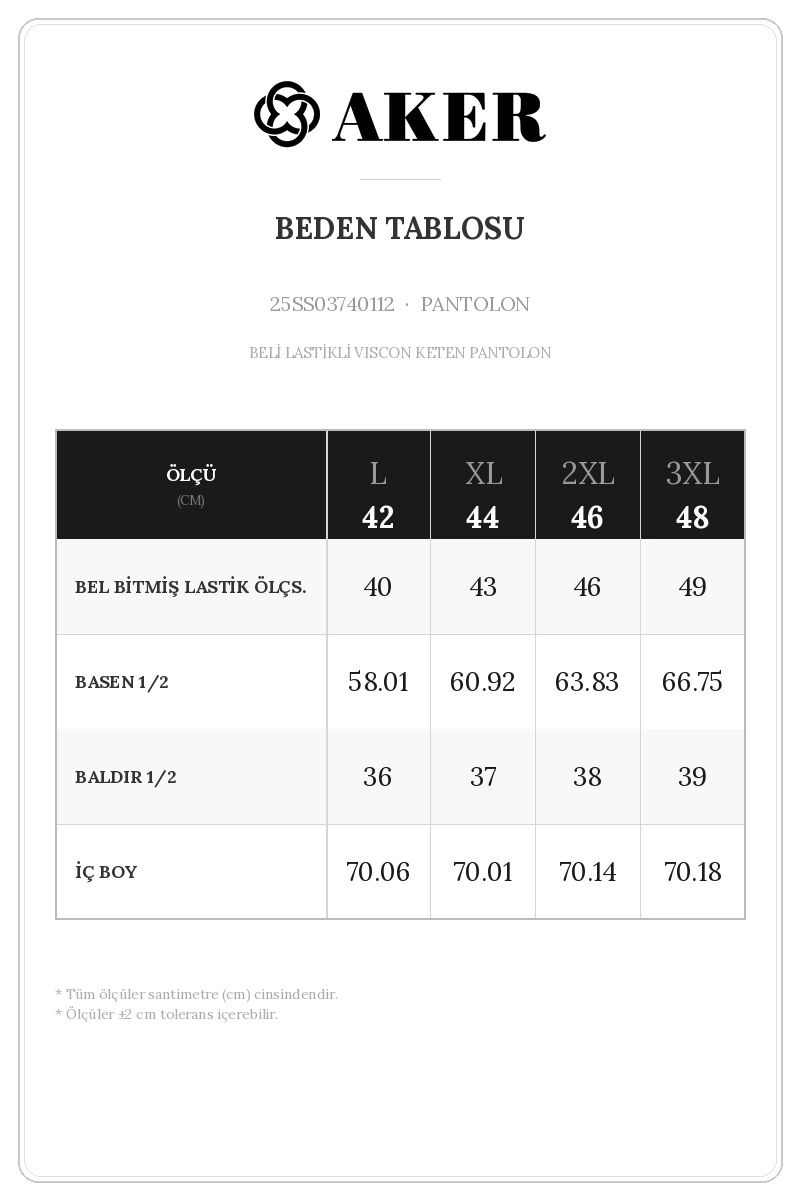 25SS03740112 Beden Tablosu