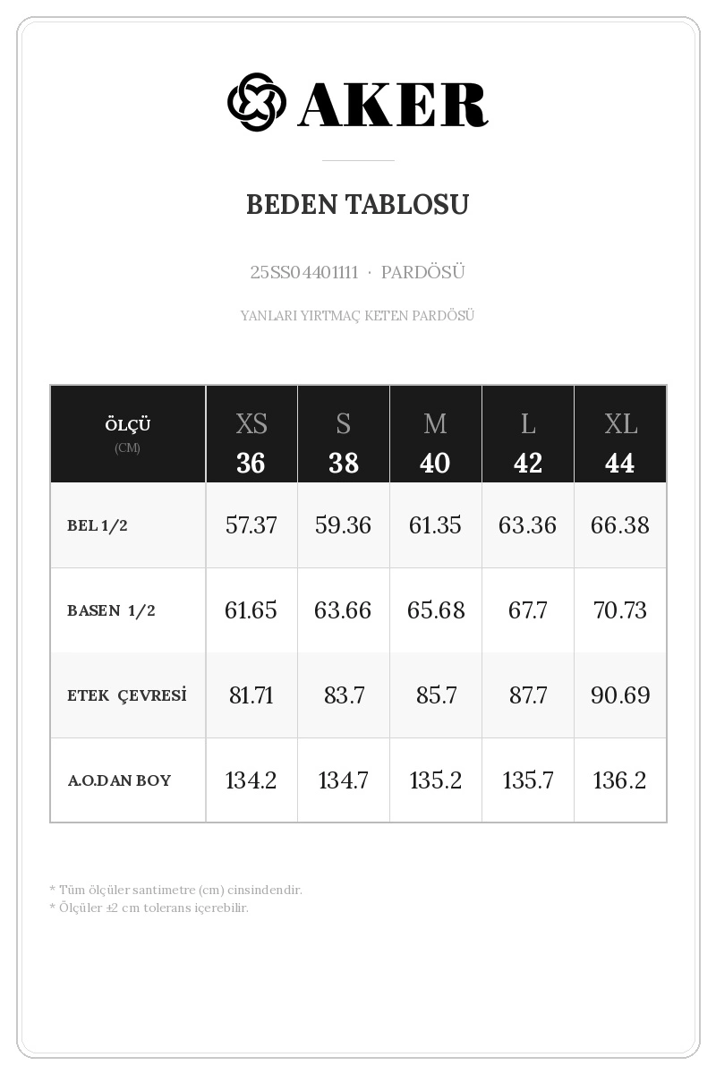 25SS04401111 Beden Tablosu