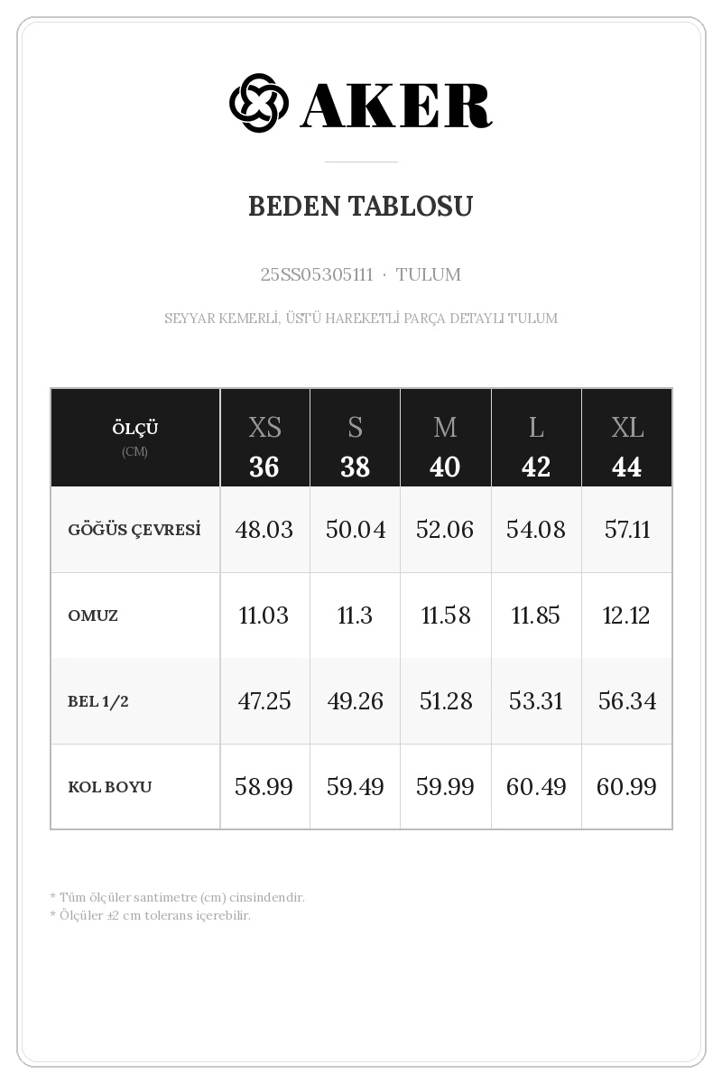 25SS05305111 Beden Tablosu