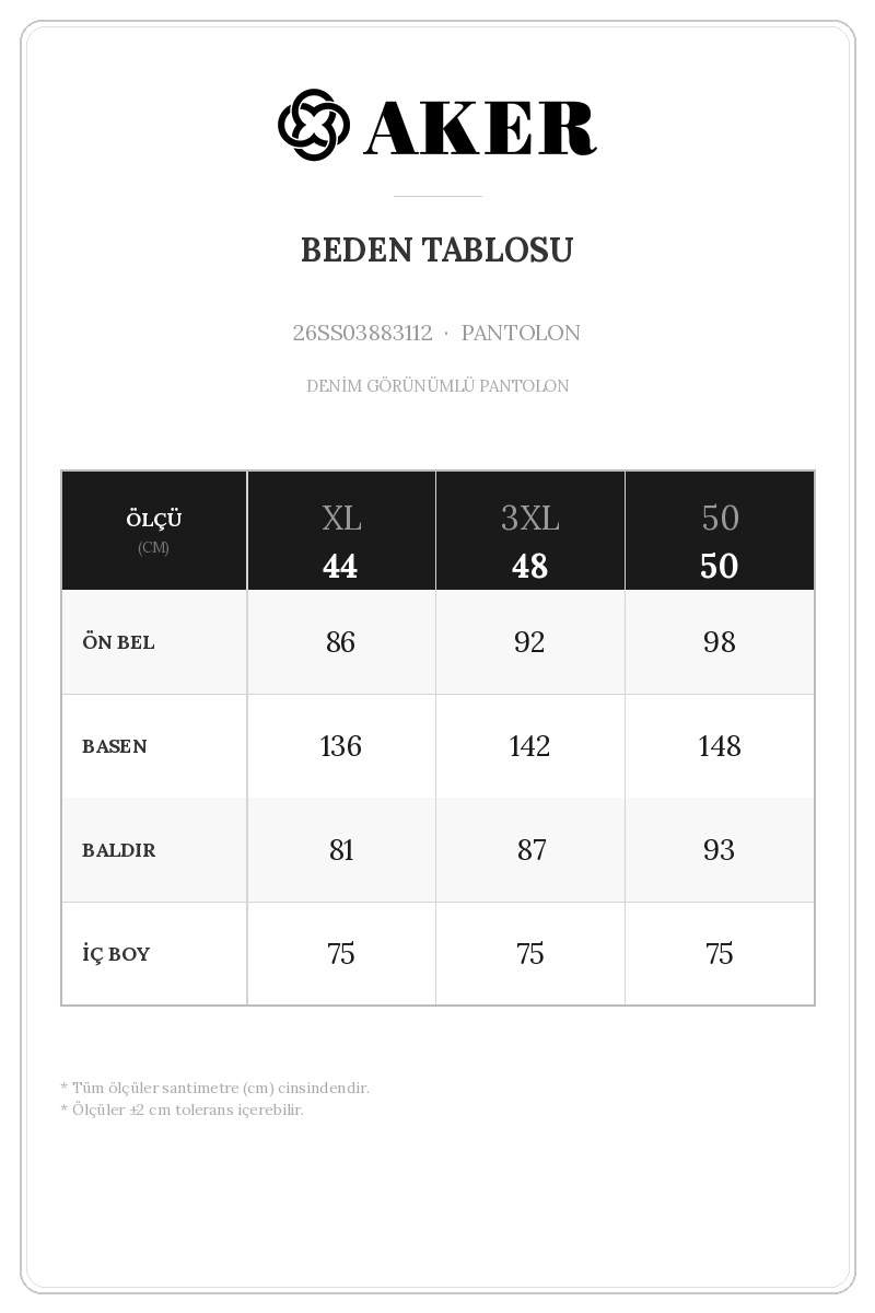26SS03883112 Beden Tablosu