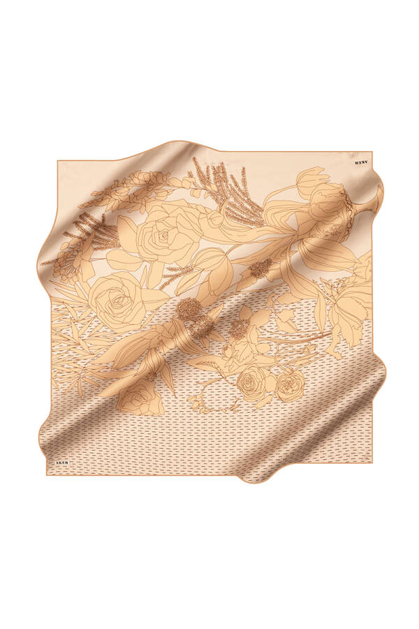 Açık Bej 90X90 İpek Krep Saten Eşarp - 1