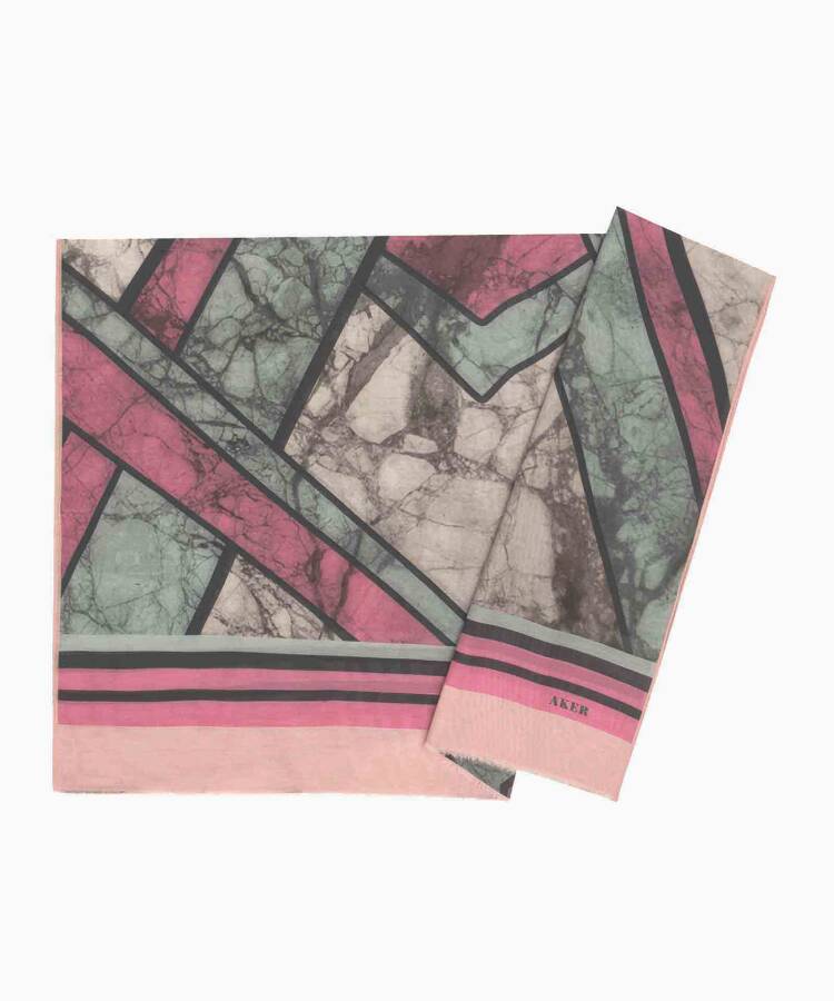 Pembe Yeşil İpek Koton Dikdörtgen Geometrik Desenli Şal - 1