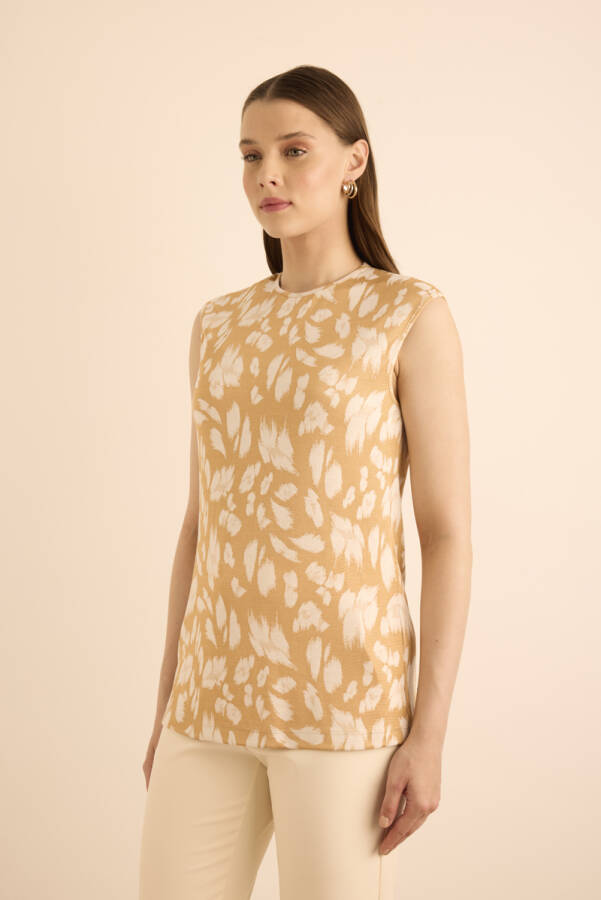 Altın Jakar Desenli Viscon Örme Kolsuz Bluz - 2