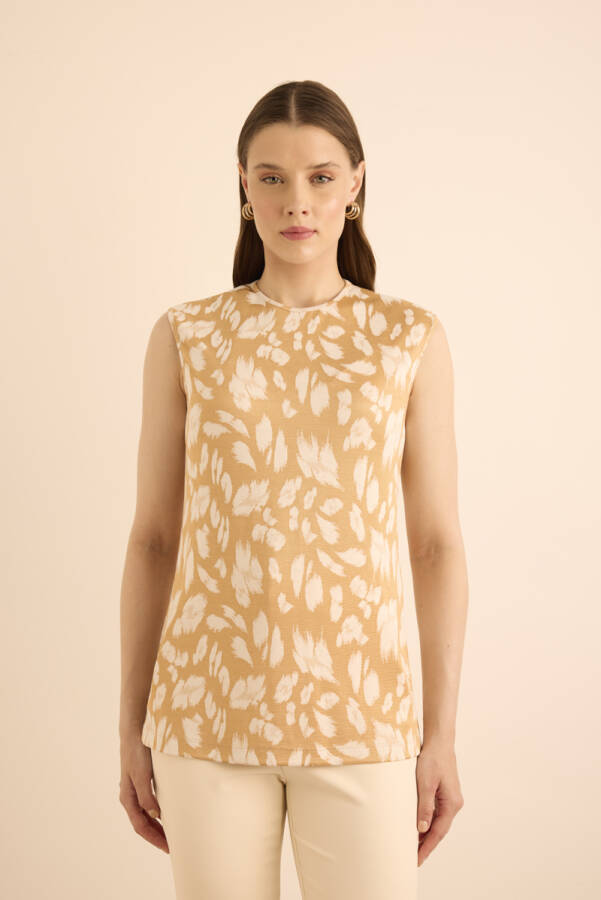 Altın Jakar Desenli Viscon Örme Kolsuz Bluz - 5