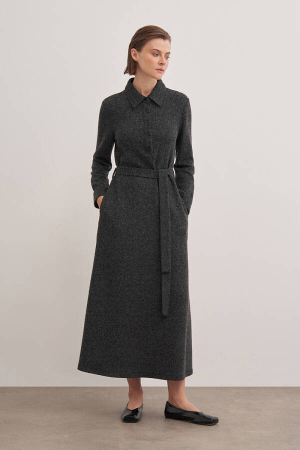 Antrasit Triko Belden Kuşaklı Elbise - Aker (1)