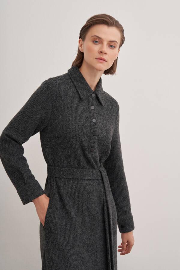 Antrasit Triko Belden Kuşaklı Elbise - 5