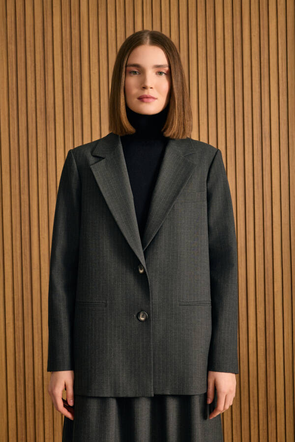 Antrasit Çizgili Dokuma Ceket - 4