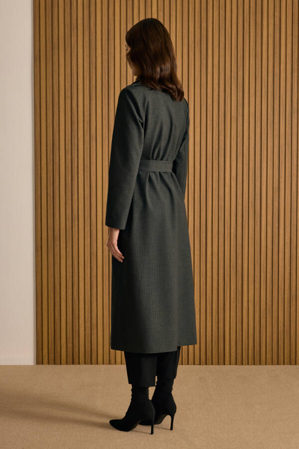 Antrasit Çizgili Seyyar Şallı Kruvaze Kapama Pardösü - 4