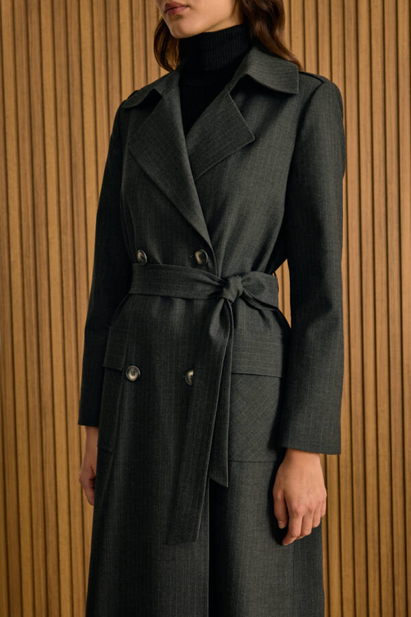 Antrasit Çizgili Seyyar Şallı Kruvaze Kapama Pardösü - 3