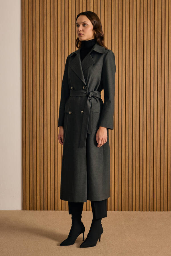 Antrasit Çizgili Seyyar Şallı Kruvaze Kapama Pardösü - 2