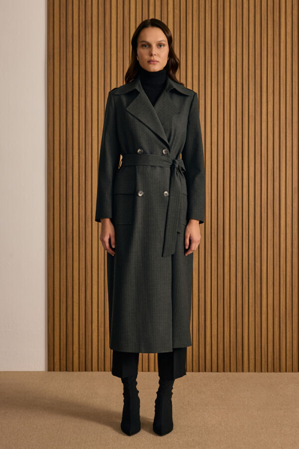 Antrasit Çizgili Seyyar Şallı Kruvaze Kapama Pardösü - Aker