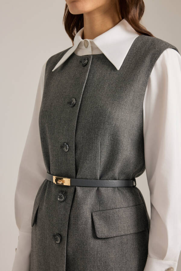 Antrasit Deri Kemer Detaylı Dokuma Yelek - 4