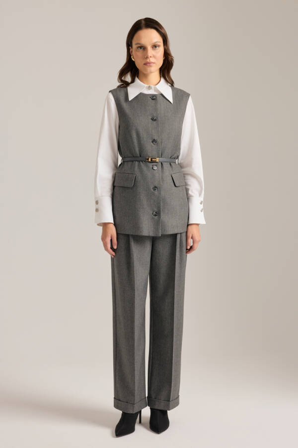 Antrasit Deri Kemer Detaylı Dokuma Yelek - Aker (1)