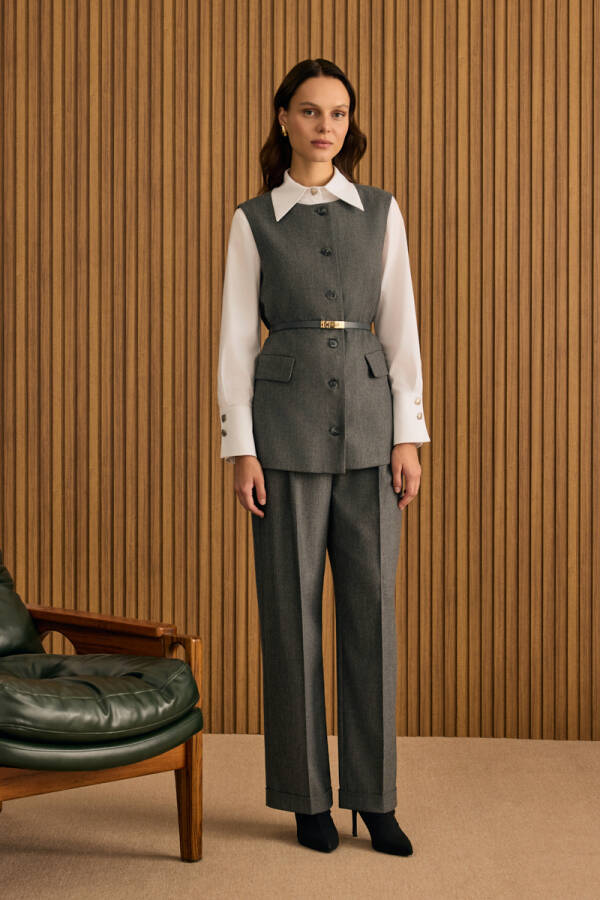 Antrasit Deri Kemer Detaylı Dokuma Yelek - Aker