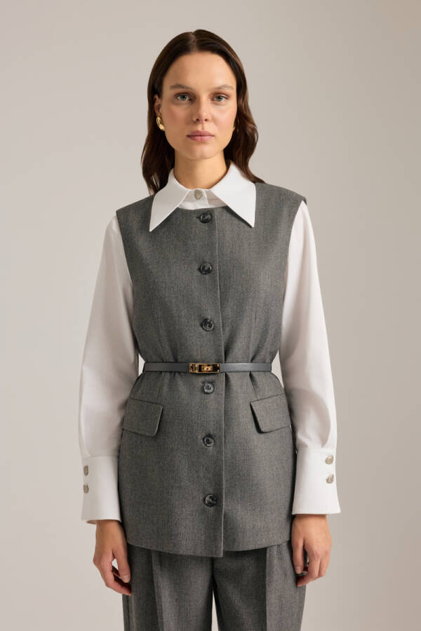 Antrasit Deri Kemer Detaylı Dokuma Yelek - 3