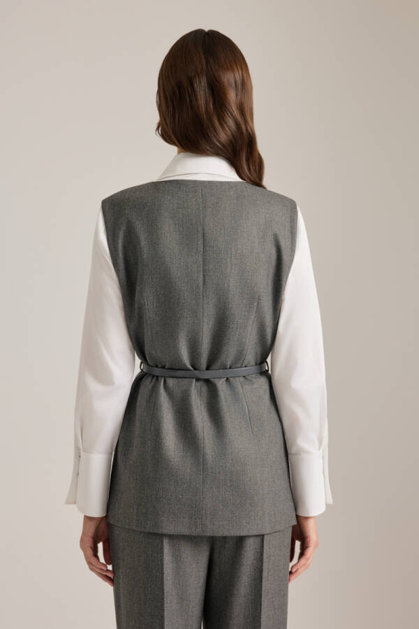 Antrasit Deri Kemer Detaylı Dokuma Yelek - 5