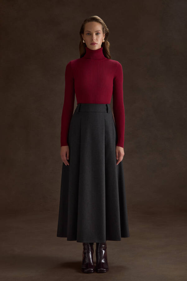 Antrasit Pileli Kloş Dokuma Etek - Aker