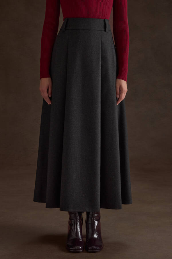 Antrasit Pileli Kloş Dokuma Etek - Aker (1)