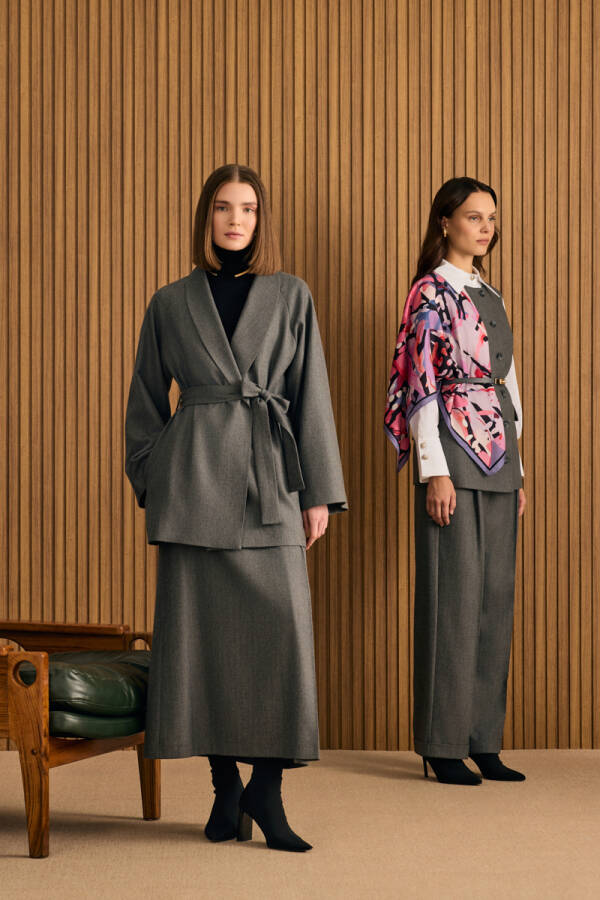 Antrasit Şal Yaka Seyyar Kuşaklı Ceket - Aker