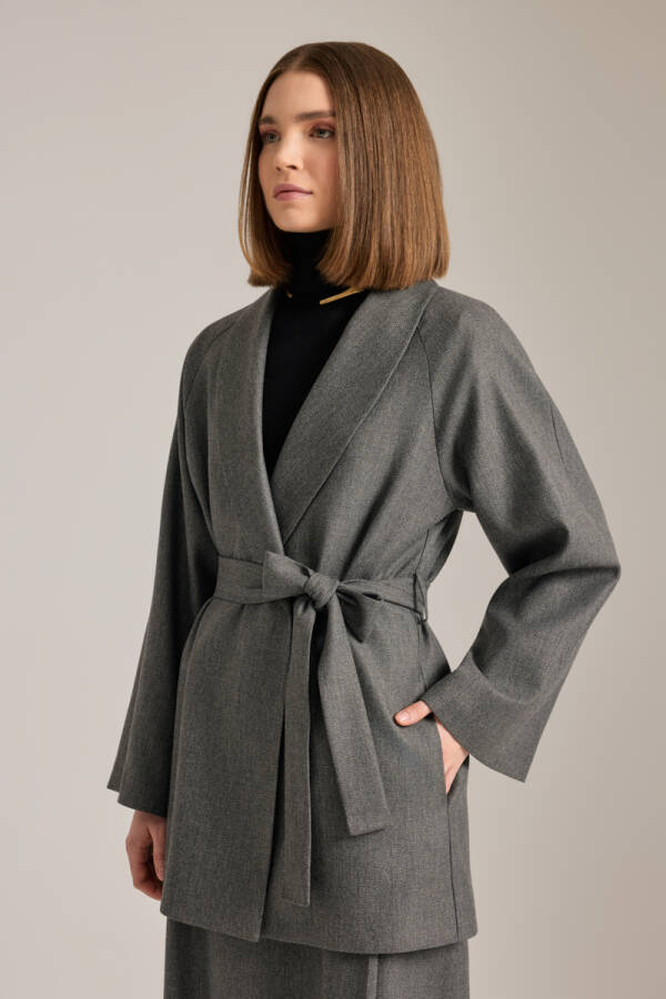 Antrasit Şal Yaka Seyyar Kuşaklı Ceket - 6